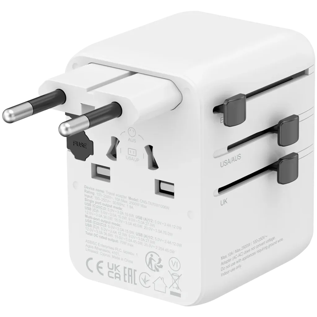 CANYON OnTour 70 universāls GaN III ceļojumu adapteris 70W, EU/UK/US/AUS
