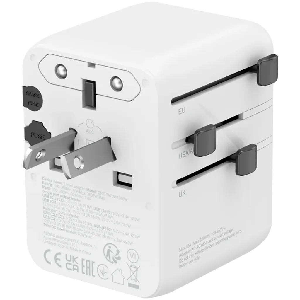 CANYON OnTour 70 universāls GaN III ceļojumu adapteris 70W, EU/UK/US/AUS