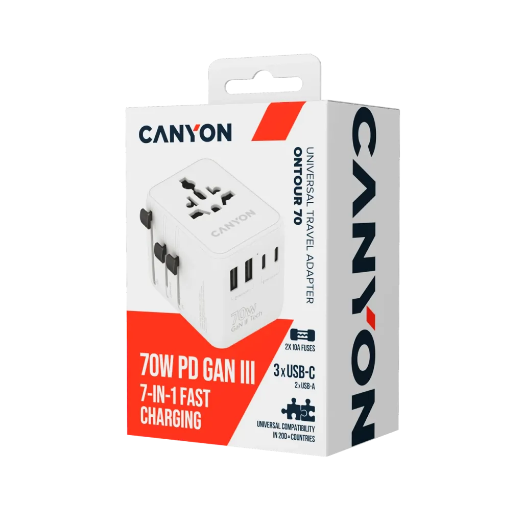 CANYON OnTour 70 universāls GaN III ceļojumu adapteris 70W, EU/UK/US/AUS