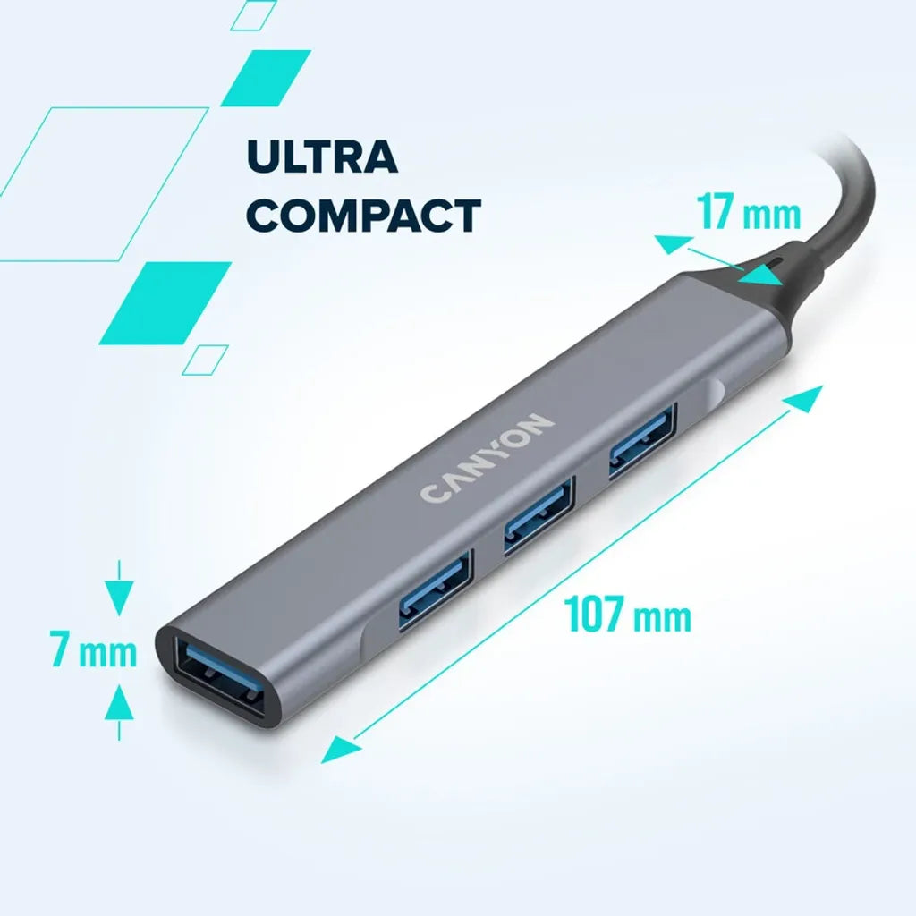 CANYON OnHub 02 4-portu USB-C/USB-A HUB, USB 3.0, pelēks