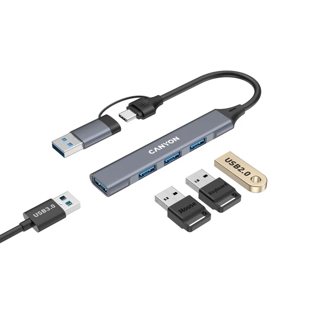 CANYON OnHub 02 4-portu USB-C/USB-A HUB, USB 3.0, pelēks
