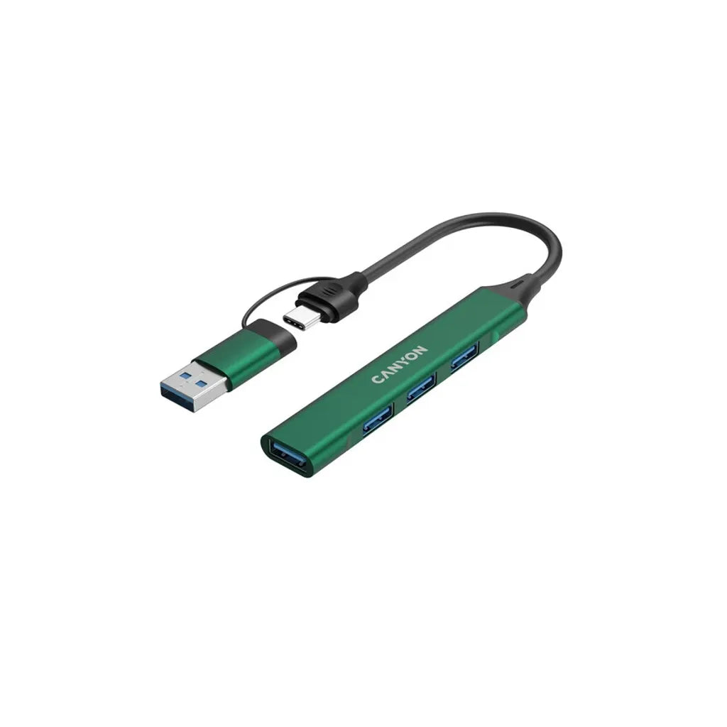 CANYON OnHub 02 4-portu USB-C/USB-A HUB, USB 3.0, 107x17x7mm, zaļš