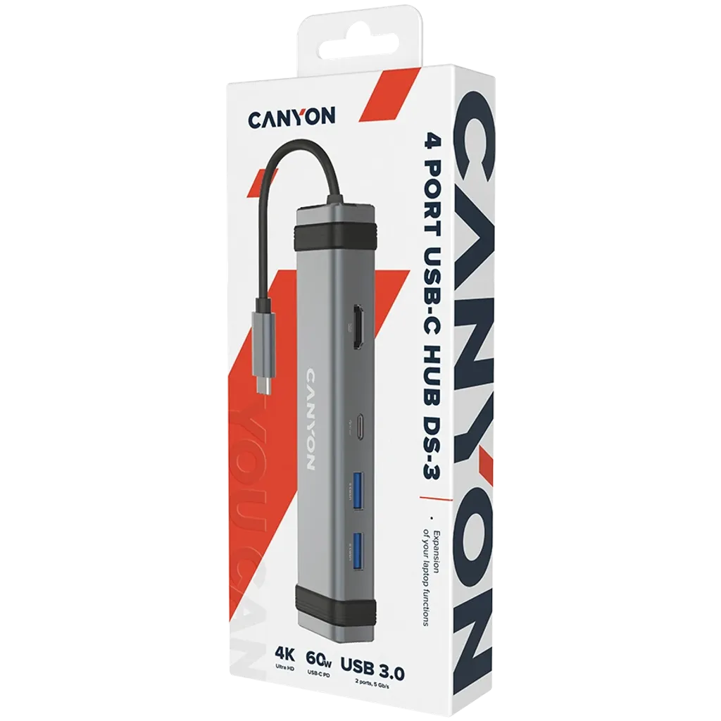 CANYON DS-3 4-in-1 USB-C HUB, HDMI 4K, 2×USB 3.0, PD 60W, pelēks