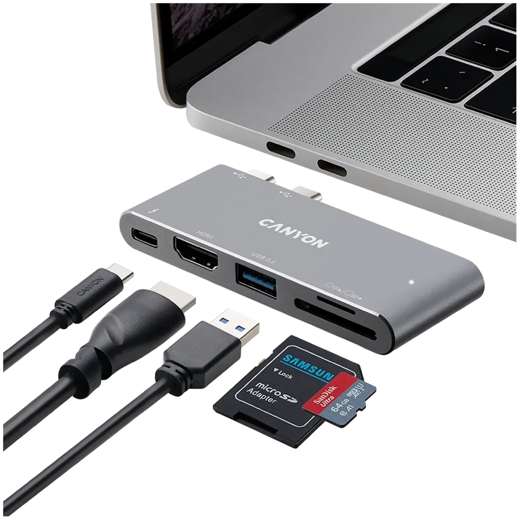 CANYON DS-5 5-in-1 Thunderbolt 3 dokstacija, HDMI 4K, PD 100W, pelēka