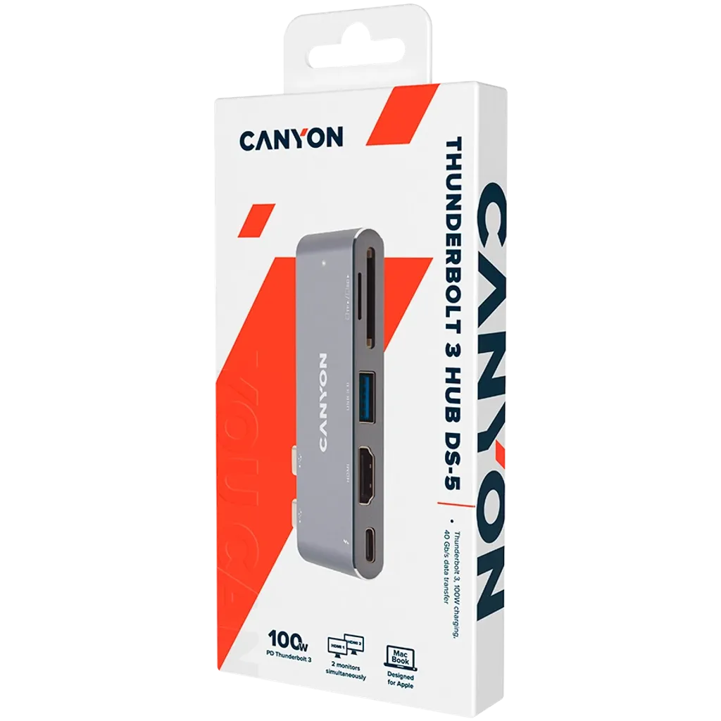 CANYON DS-5 5-in-1 Thunderbolt 3 dokstacija, HDMI 4K, PD 100W, pelēka