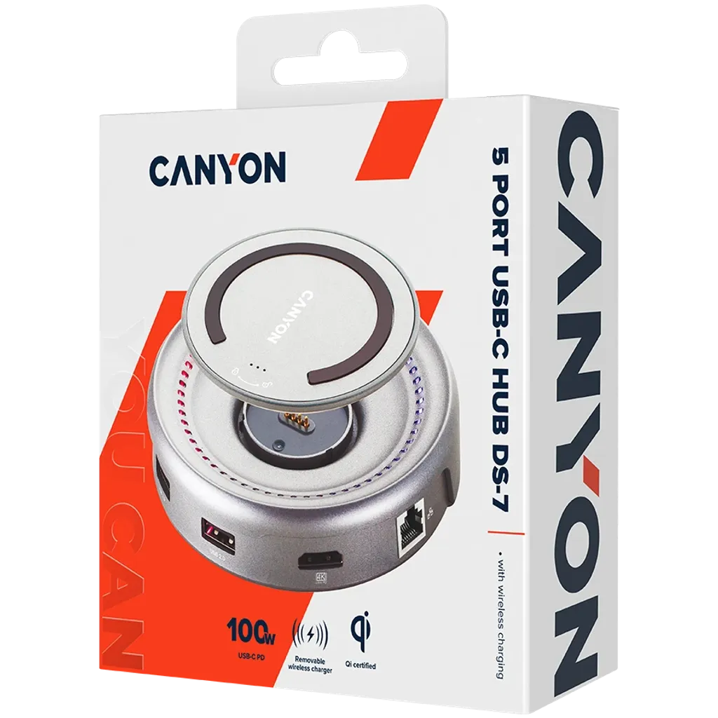 CANYON DS-7 USB-C HUB, HDMI 4K, LAN, PD 100W, Qi 10W, pelēks