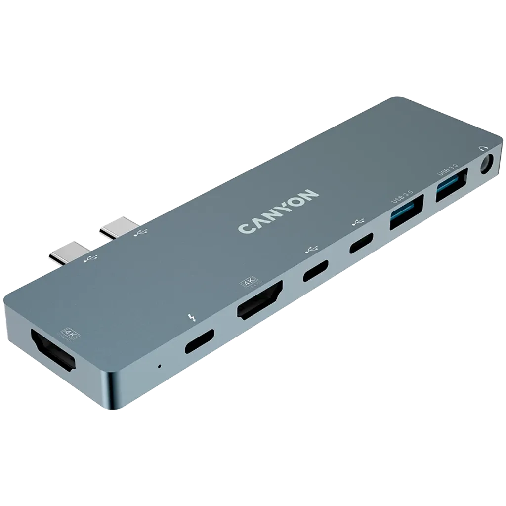 CANYON DS-8 8-in-1 USB-C dokstacija, 2xHDMI 4K, PD 87W, pelēka