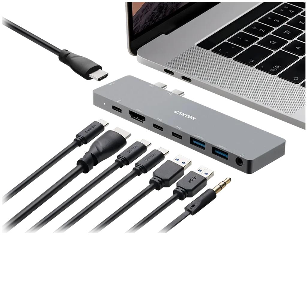 CANYON DS-8 8-in-1 USB-C dokstacija, 2xHDMI 4K, PD 87W, pelēka