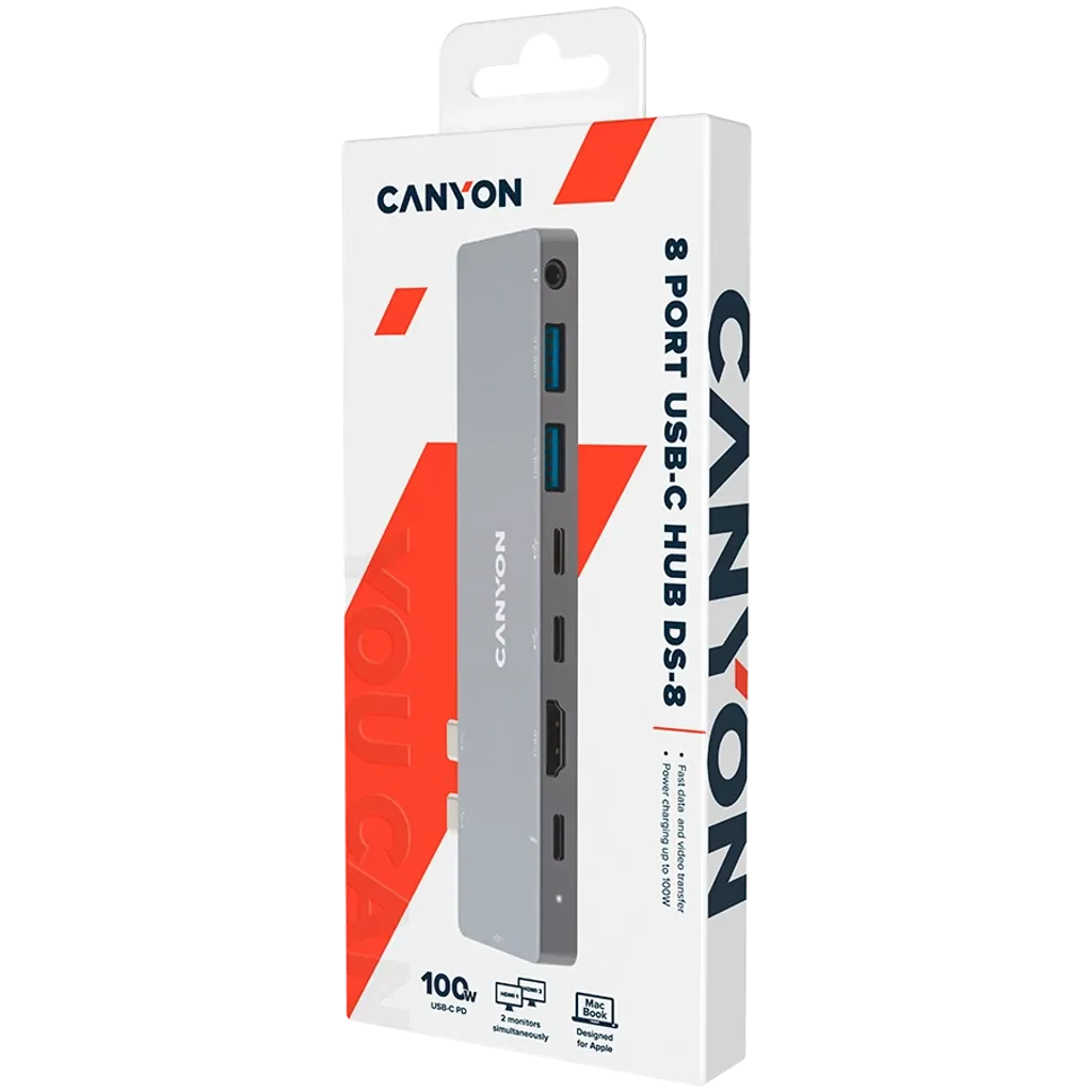 CANYON DS-8 8-in-1 USB-C dokstacija, 2xHDMI 4K, PD 87W, pelēka