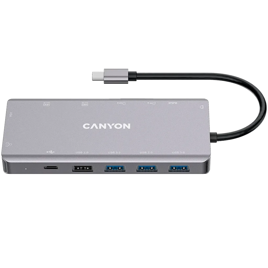 CANYON DS-12 USB-C 13 portu HUB, 100W PD, 2×HDMI 4K, pelēks