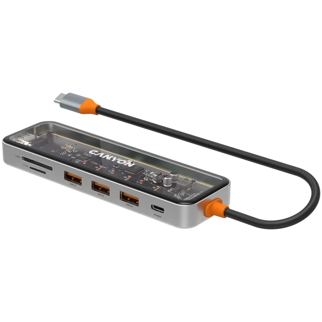 CANYON OnHub 13 USB-C 7 portu HUB, 100W PD, HDMI 4K, pelēks