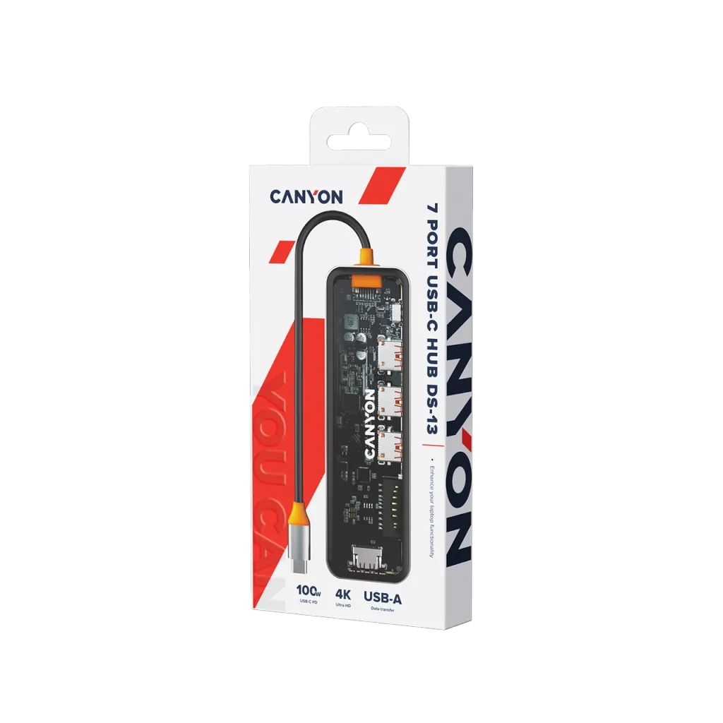 CANYON OnHub 13 USB-C 7 portu HUB, 100W PD, HDMI 4K, pelēks