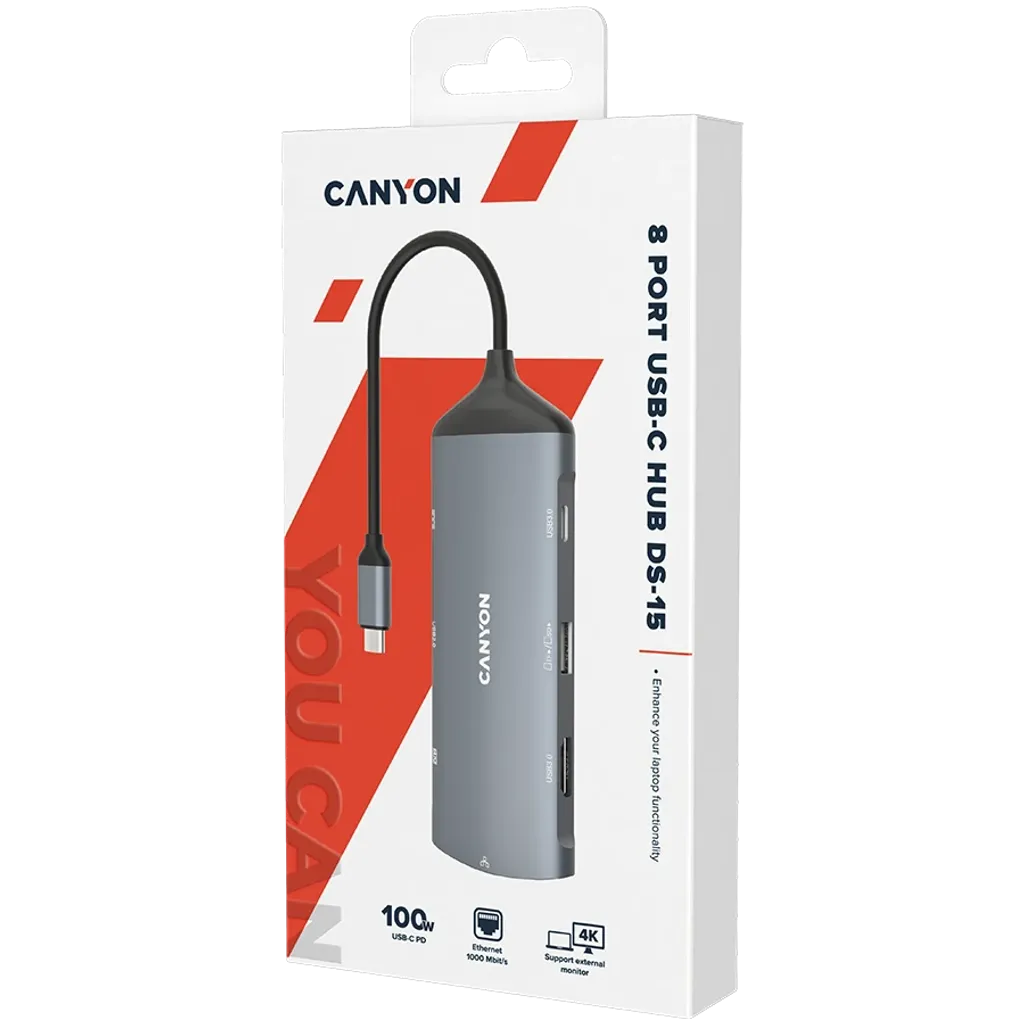 CANYON DS-15 USB-C 8 portu HUB, 100W PD, HDMI 4K, Gigabit Ethernet