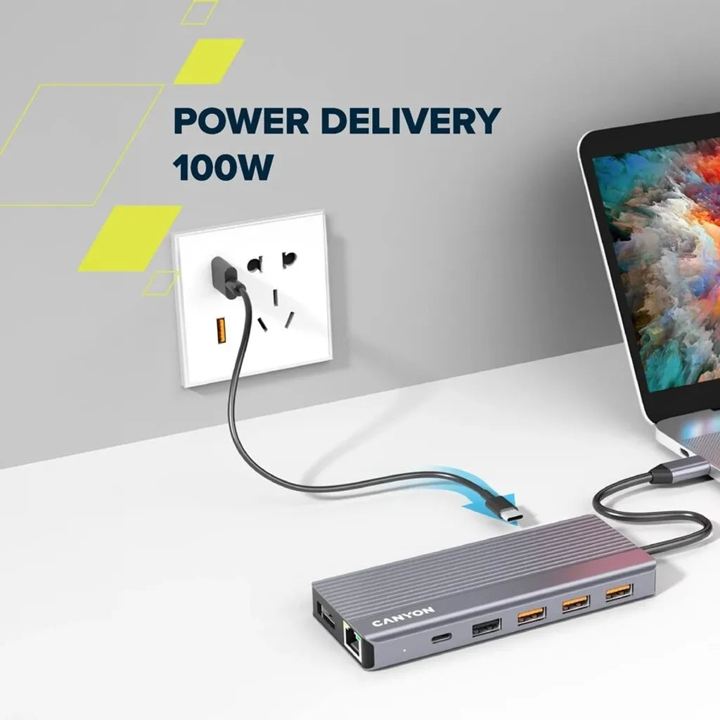 CANYON DS-16 USB-C 13 portu HUB, 100W PD, 2×HDMI 4K 60 Hz, DP