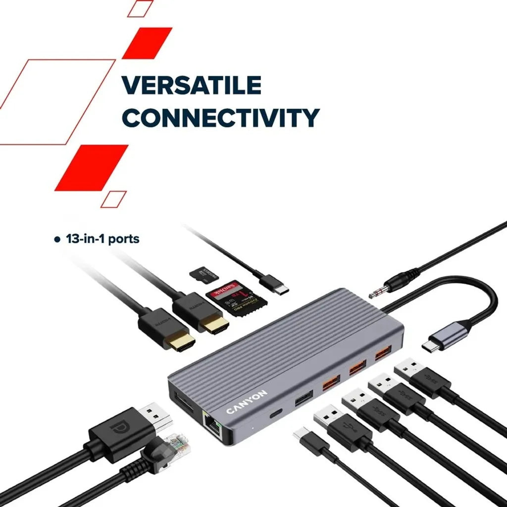 CANYON DS-16 USB-C 13 portu HUB, 100W PD, 2×HDMI 4K 60 Hz, DP