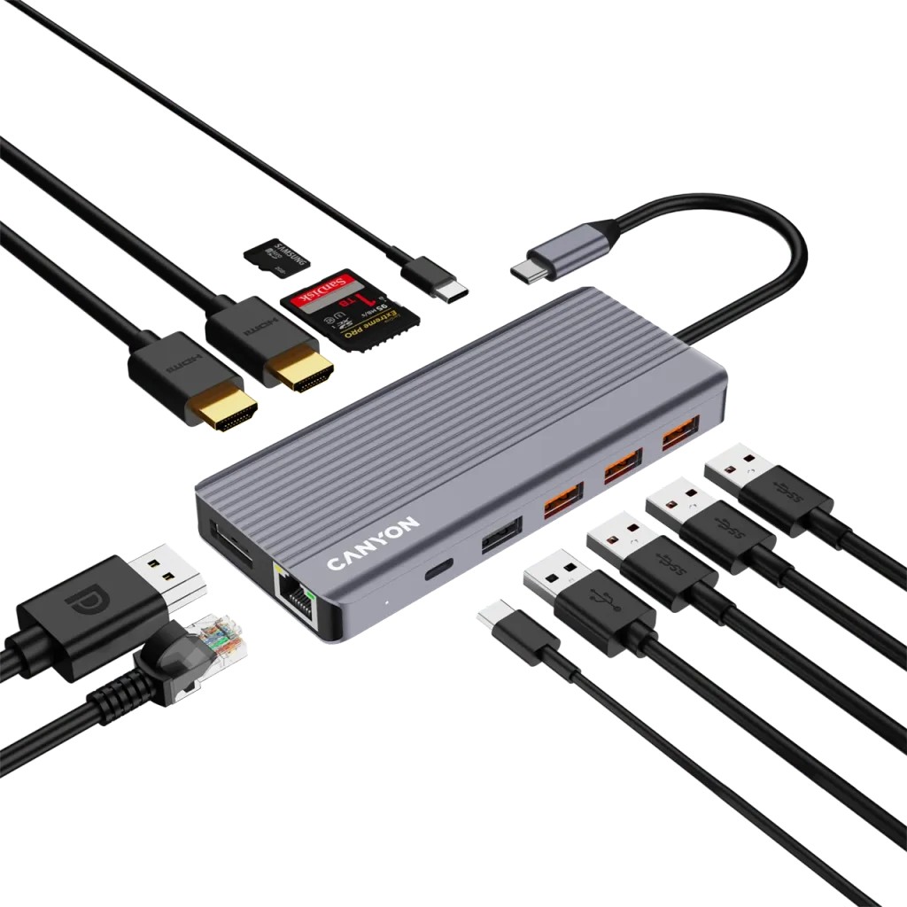 CANYON DS-16 USB-C 13 portu HUB, 100W PD, 2×HDMI 4K 60 Hz, DP
