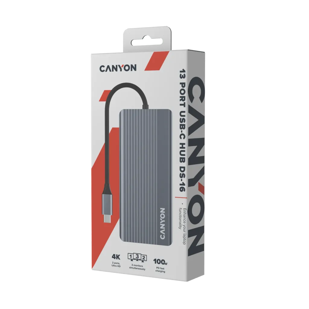 CANYON DS-16 USB-C 13 portu HUB, 100W PD, 2×HDMI 4K 60 Hz, DP