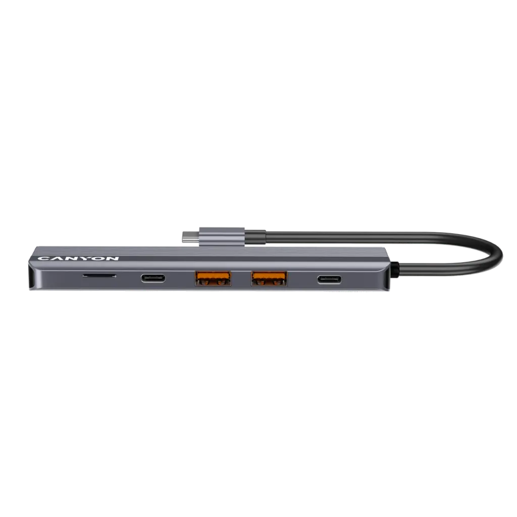 CANYON DS-17 USB-C 6 portu HUB, 100W PD, HDMI 4K 60Hz, pelēks