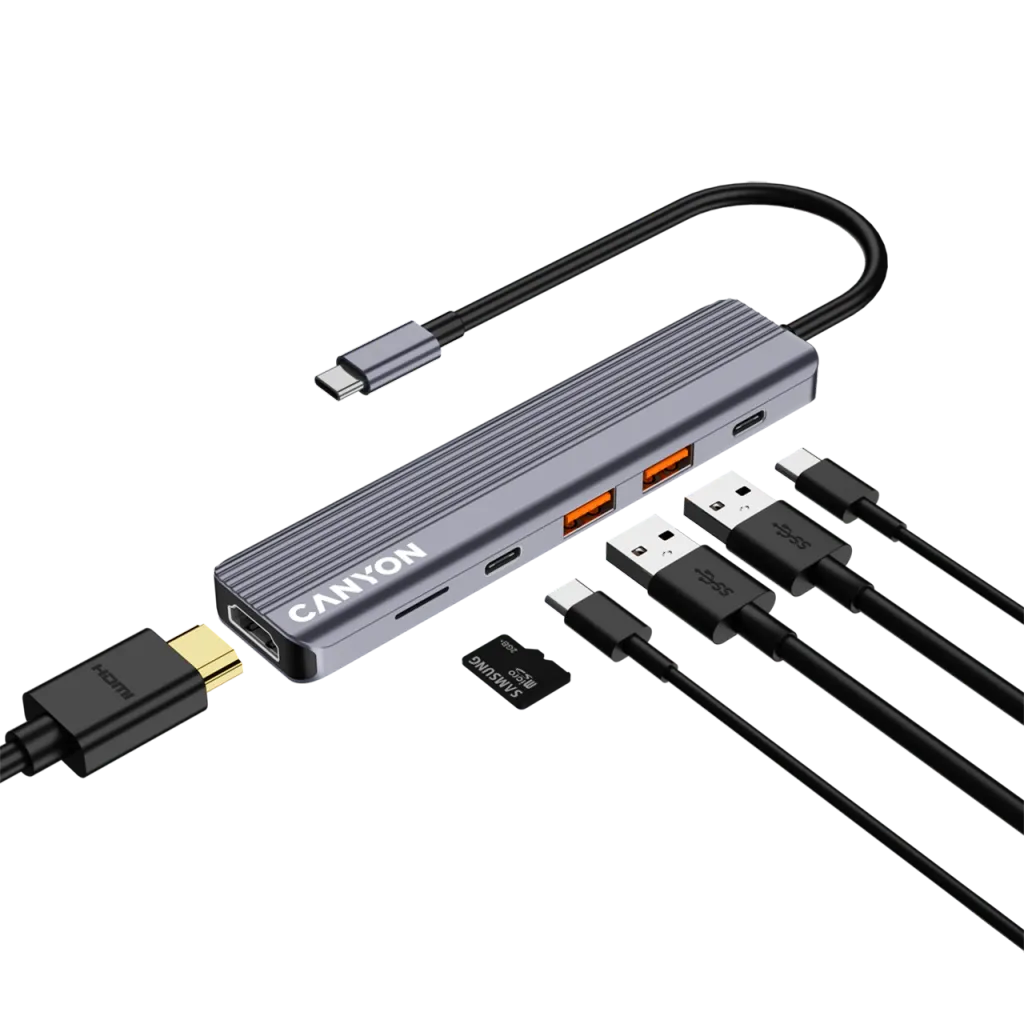 CANYON DS-17 USB-C 6 portu HUB, 100W PD, HDMI 4K 60Hz, pelēks