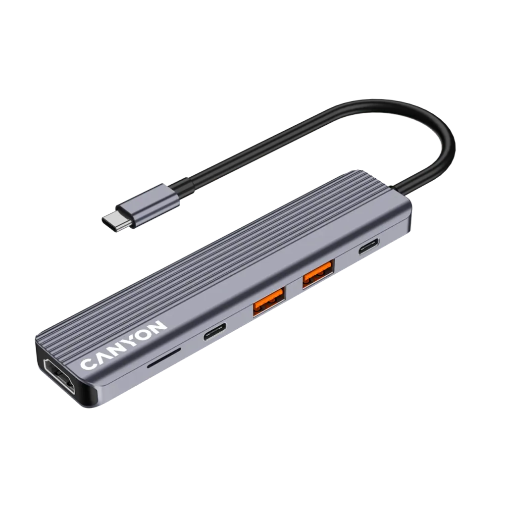 CANYON DS-17 USB-C 6 portu HUB, 100W PD, HDMI 4K 60Hz, pelēks