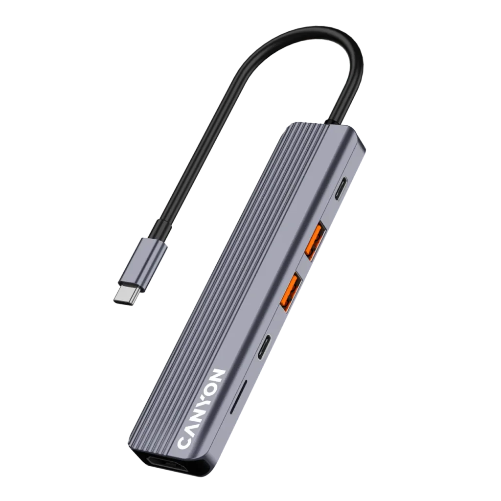 CANYON DS-17 USB-C 6 portu HUB, 100W PD, HDMI 4K 60Hz, pelēks