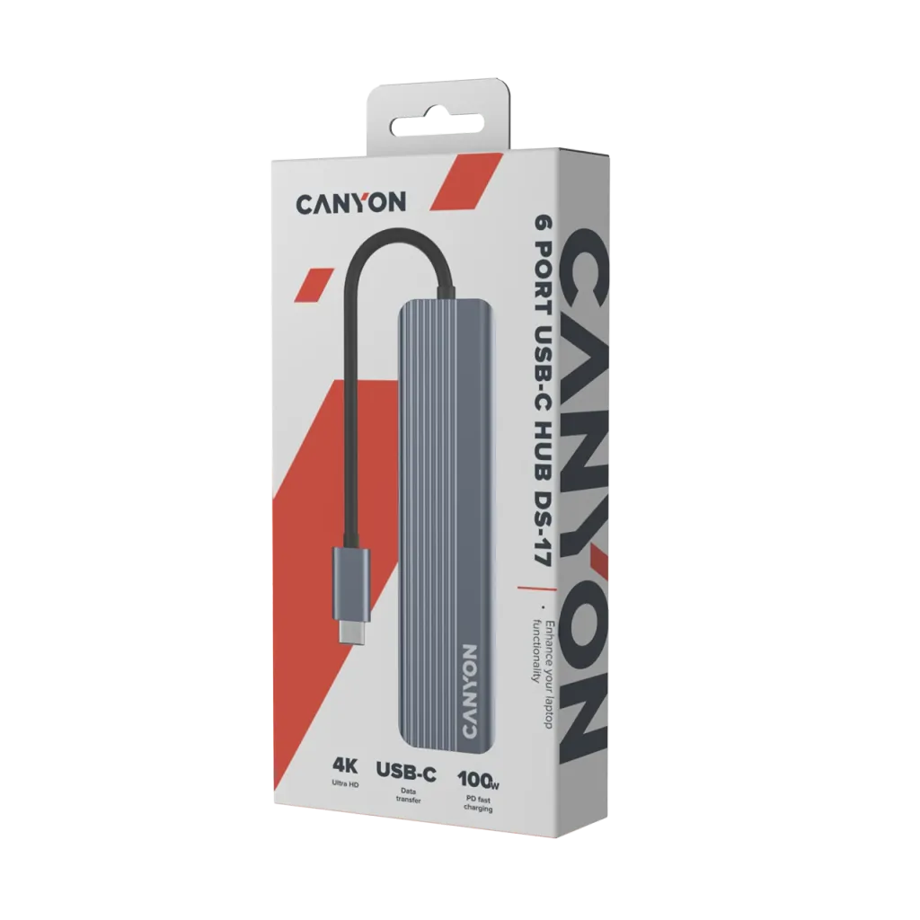 CANYON DS-17 USB-C 6 portu HUB, 100W PD, HDMI 4K 60Hz, pelēks