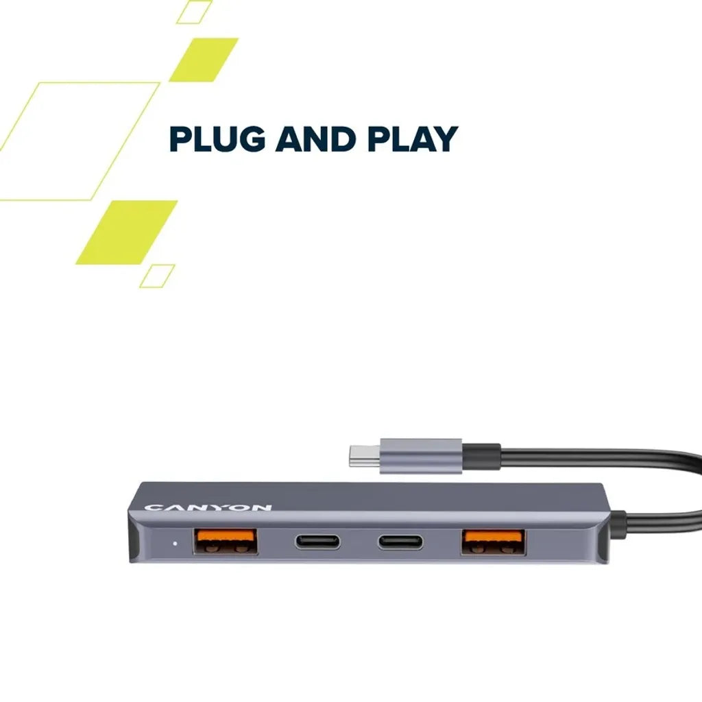 CANYON DS-18 USB-C 5 portu HUB, 100W PD, 10Gb/s, pelēks