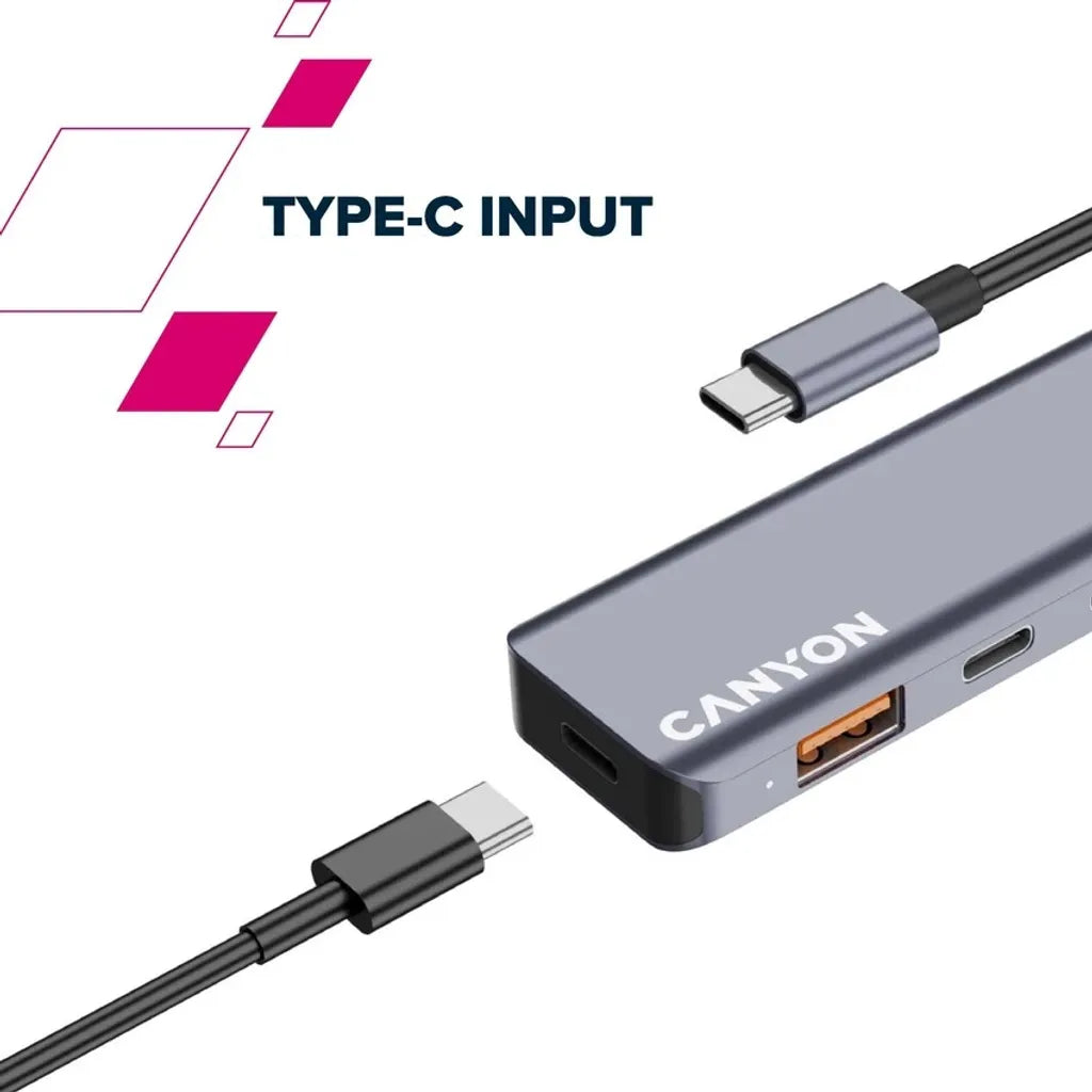 CANYON DS-18 USB-C 5 portu HUB, 100W PD, 10Gb/s, pelēks