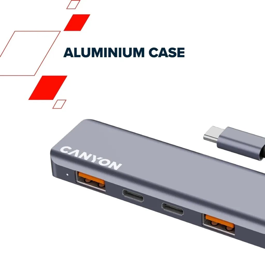 CANYON DS-18 USB-C 5 portu HUB, 100W PD, 10Gb/s, pelēks