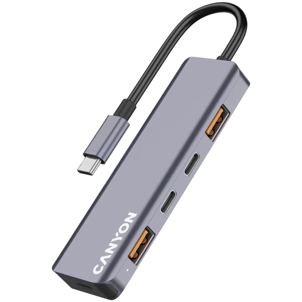 CANYON DS-18 USB-C 5 portu HUB, 100W PD, 10Gb/s, pelēks