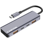 CANYON DS-18 USB-C 5 portu HUB, 100W PD, 10Gb/s, pelēks
