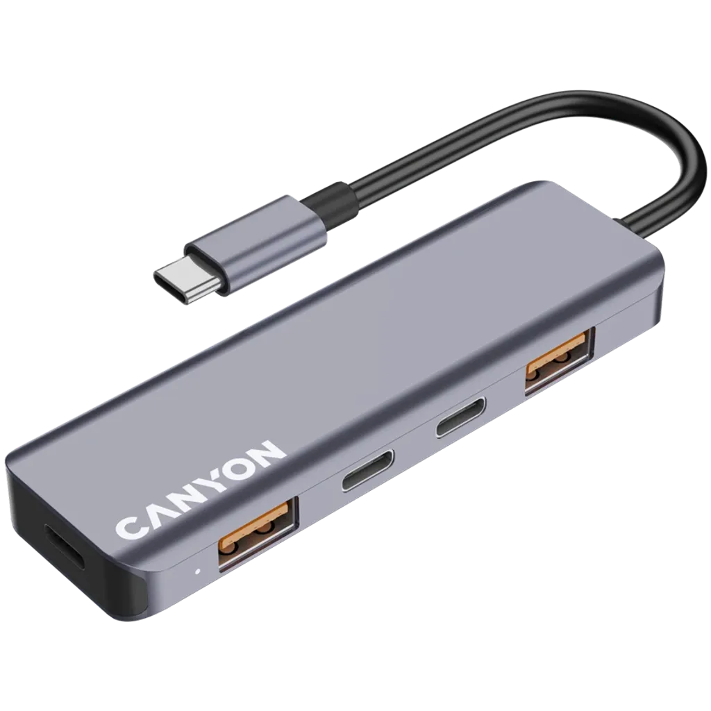 CANYON DS-18 USB-C 5 portu HUB, 100W PD, 10Gb/s, pelēks