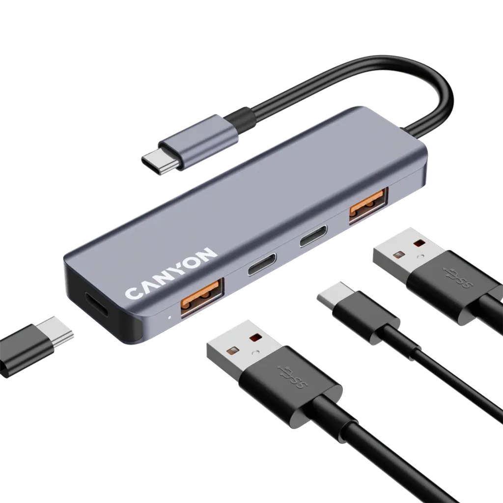 CANYON DS-18 USB-C 5 portu HUB, 100W PD, 10Gb/s, pelēks
