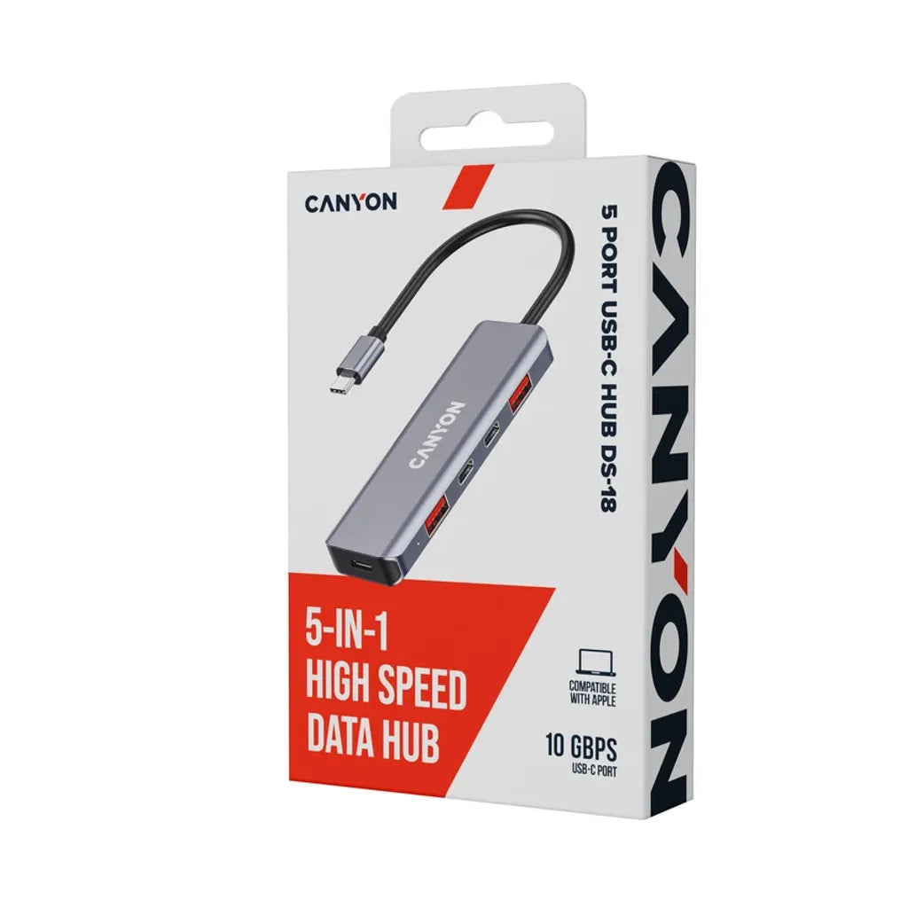 CANYON DS-18 USB-C 5 portu HUB, 100W PD, 10Gb/s, pelēks