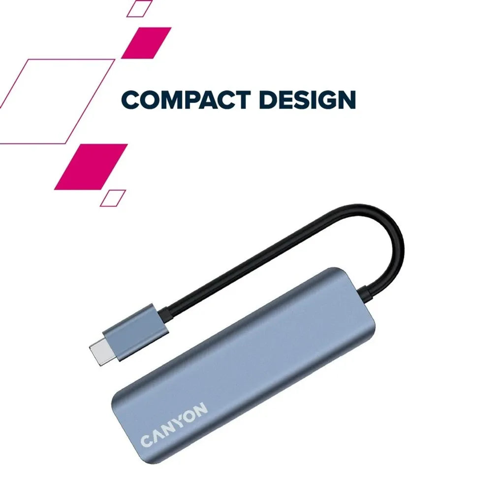 CANYON DS-18 USB-C 5 portu HUB, 100W PD, 10Gb/s, pelēks
