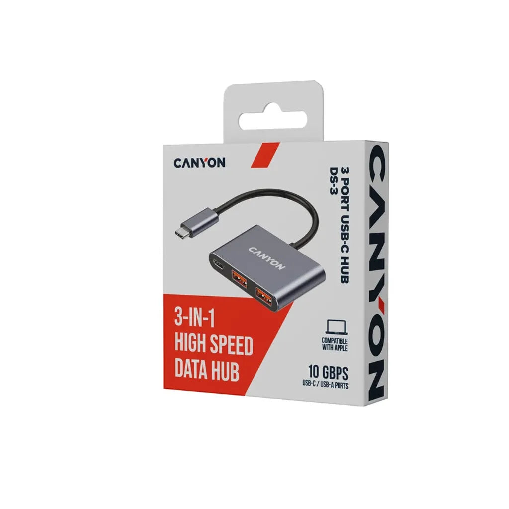 CANYON DS-3 3-portu USB-C HUB, 2×USB-A + USB-C, 10Gbit/s, pelēks