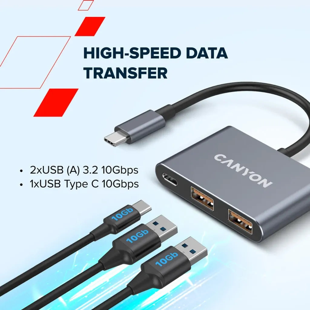 CANYON DS-3 3-portu USB-C HUB, 2×USB-A + USB-C, 10Gbit/s, pelēks
