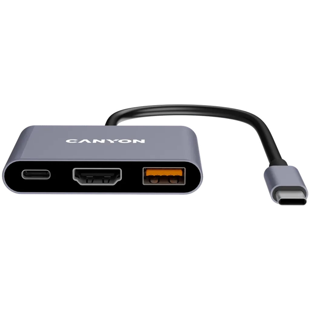 CANYON OnHub 4 3-portu USB-C HUB, HDMI 4K, USB 3.2, PD 100W, pelēks