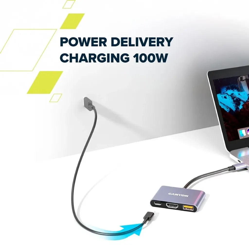 CANYON OnHub 4 3-portu USB-C HUB, HDMI 4K, USB 3.2, PD 100W, pelēks