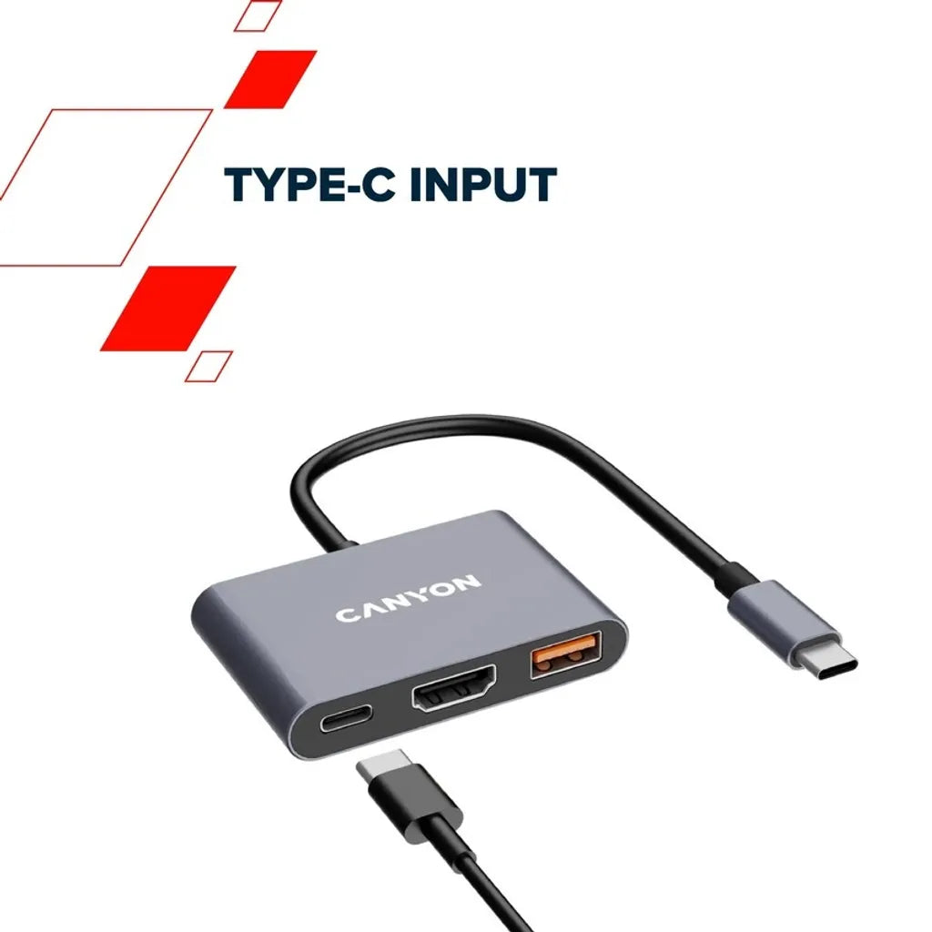 CANYON OnHub 4 3-portu USB-C HUB, HDMI 4K, USB 3.2, PD 100W, pelēks