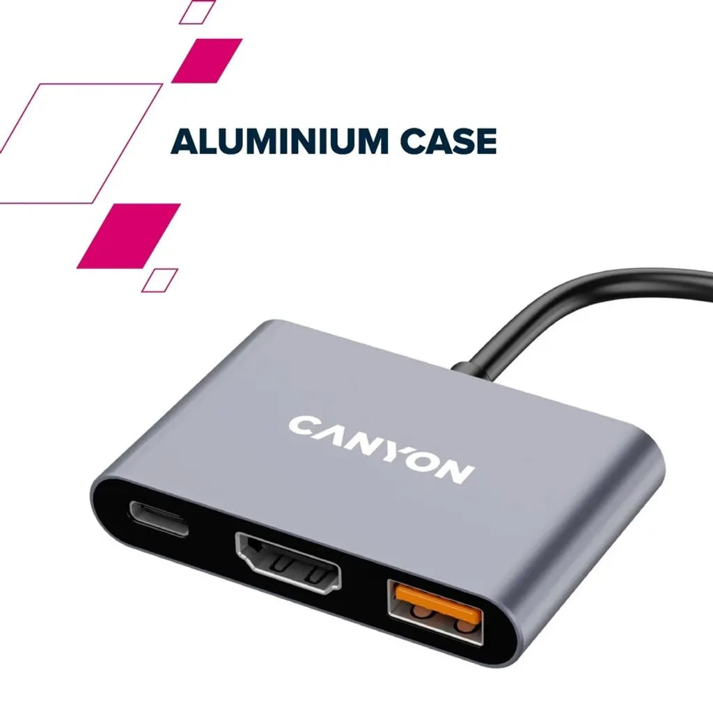 CANYON OnHub 4 3-portu USB-C HUB, HDMI 4K, USB 3.2, PD 100W, pelēks
