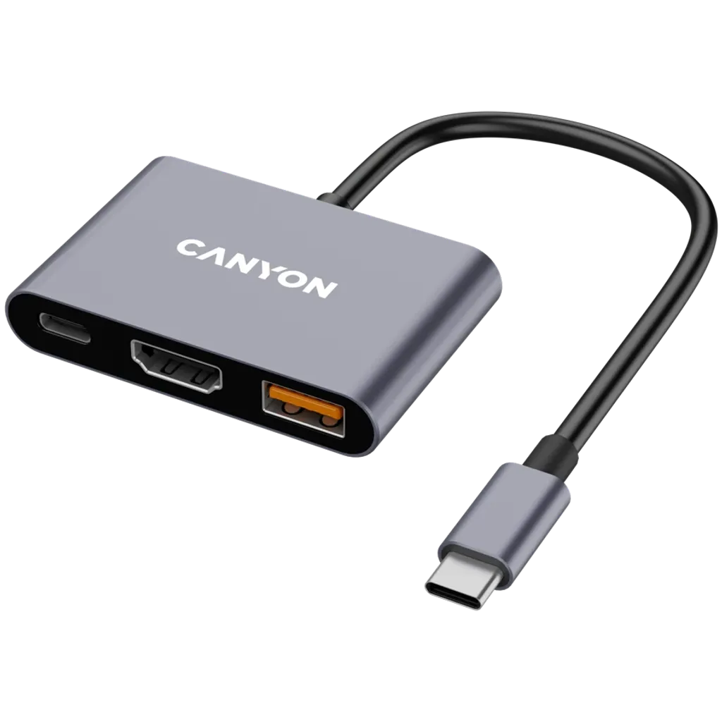 CANYON OnHub 4 3-portu USB-C HUB, HDMI 4K, USB 3.2, PD 100W, pelēks