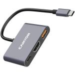CANYON OnHub 4 3-portu USB-C HUB, HDMI 4K, USB 3.2, PD 100W, pelēks