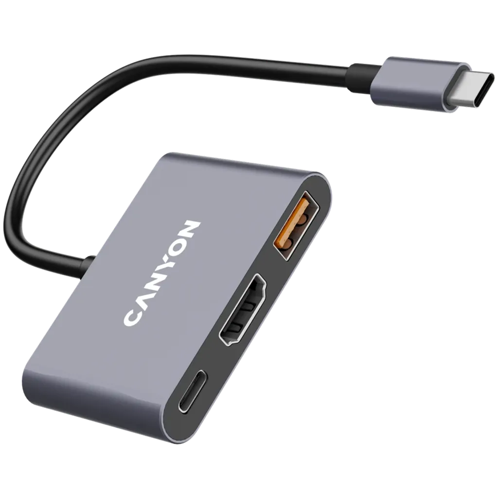 CANYON OnHub 4 3-portu USB-C HUB, HDMI 4K, USB 3.2, PD 100W, pelēks
