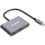 CANYON OnHub 4 3-portu USB-C HUB, HDMI 4K, USB 3.2, PD 100W, pelēks