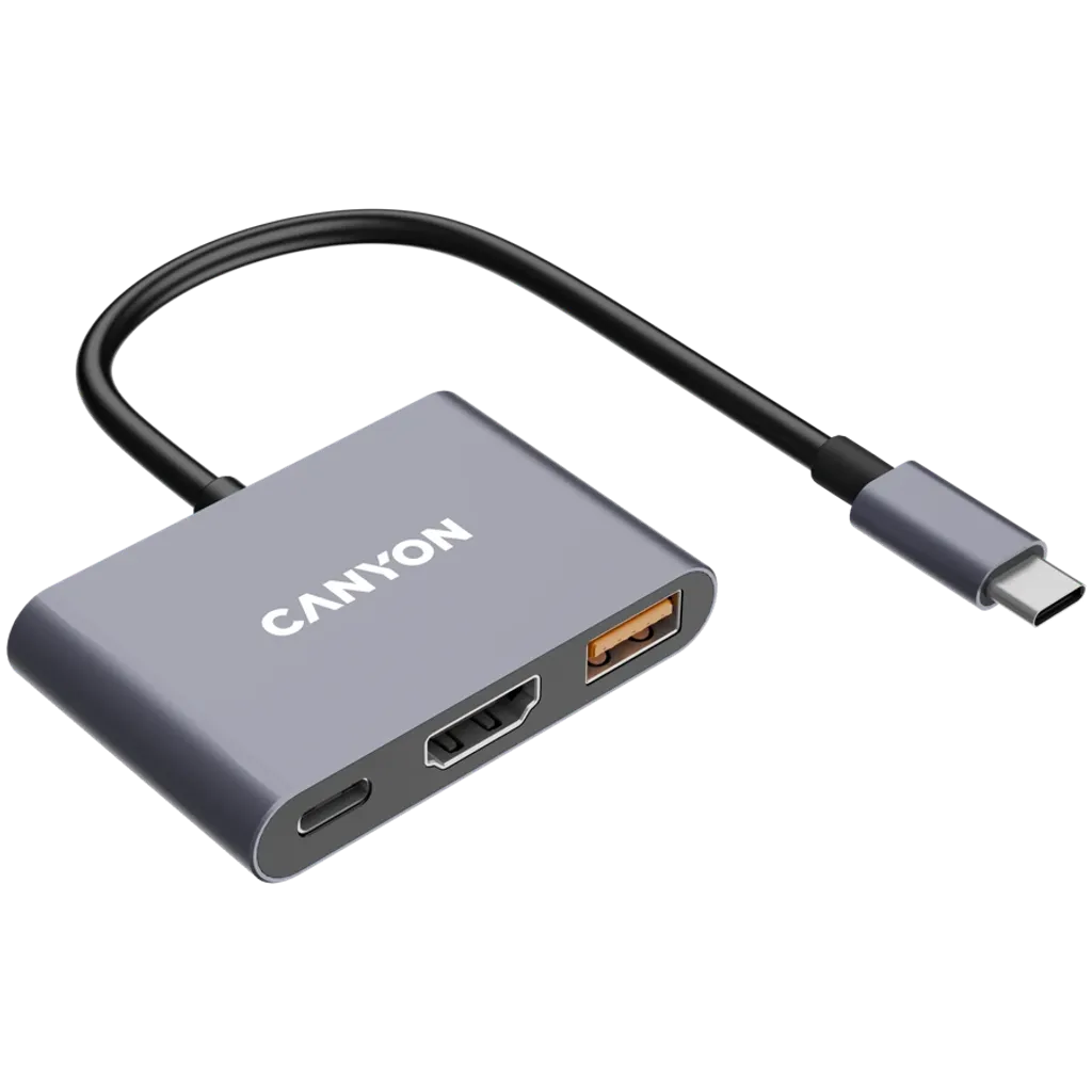 CANYON OnHub 4 3-portu USB-C HUB, HDMI 4K, USB 3.2, PD 100W, pelēks