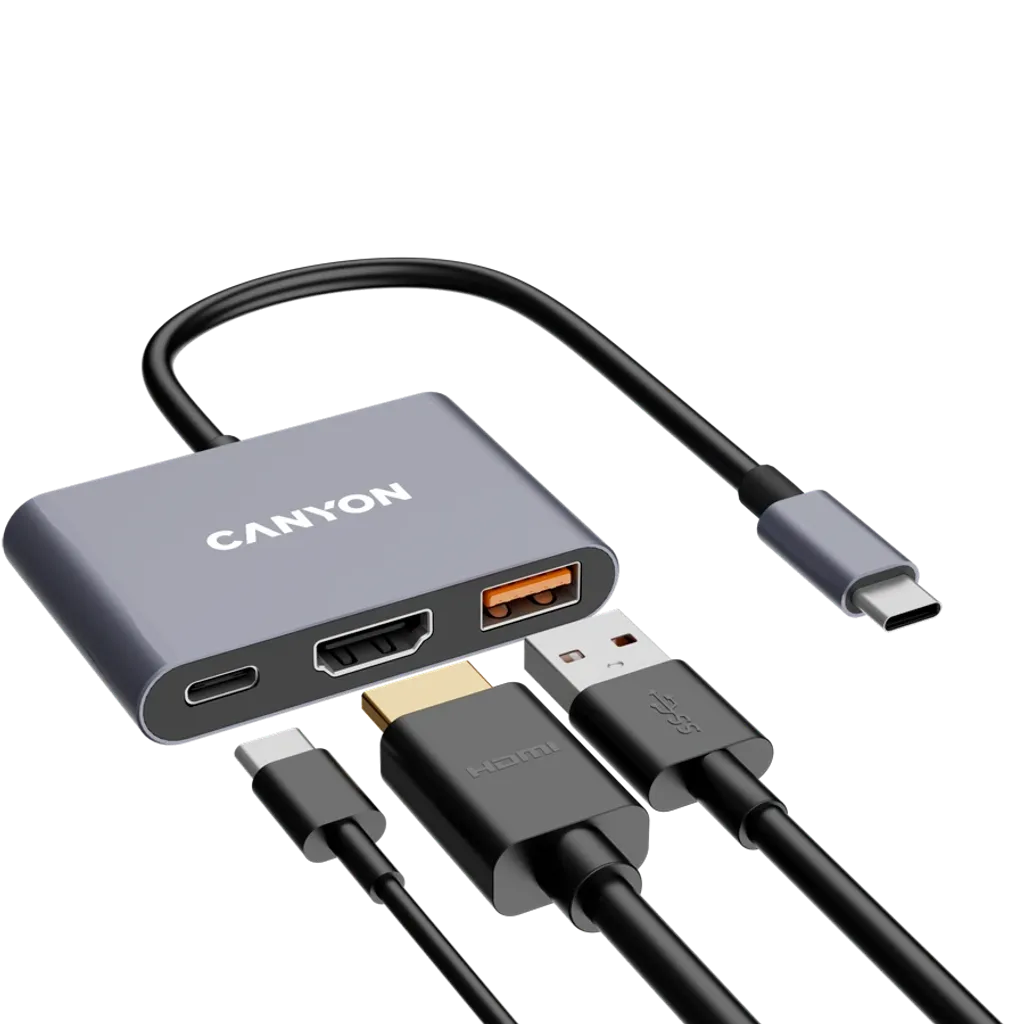 CANYON OnHub 4 3-portu USB-C HUB, HDMI 4K, USB 3.2, PD 100W, pelēks