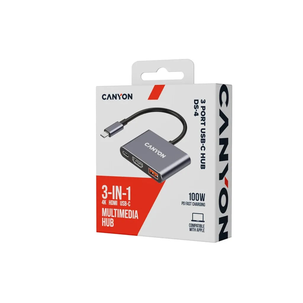 CANYON OnHub 4 3-portu USB-C HUB, HDMI 4K, USB 3.2, PD 100W, pelēks