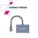CANYON OnHub 4 3-portu USB-C HUB, HDMI 4K, USB 3.2, PD 100W, pelēks