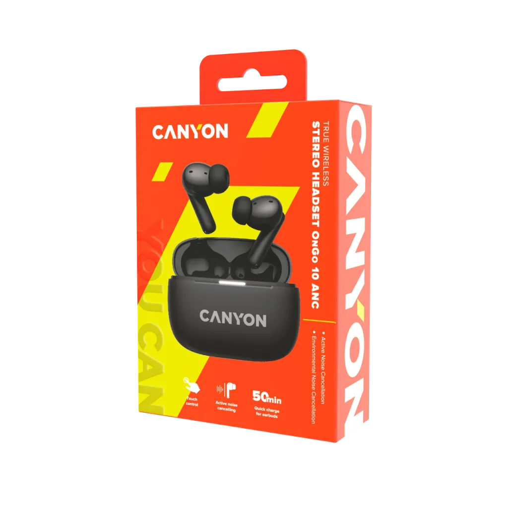 CANYON OnGo 10 ANC TWS bezvadu austiņas, Bluetooth 5.3, melnas
